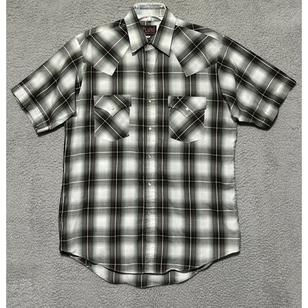 Plains Western Wear Pearl Snap Shirt Mens M Green & Black Plaid Cowboy Rodeo